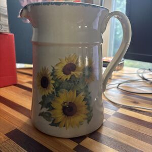 Vintage Sunflower Bee Stoneware Large Pitcher Vase With Lid Home Garden Party